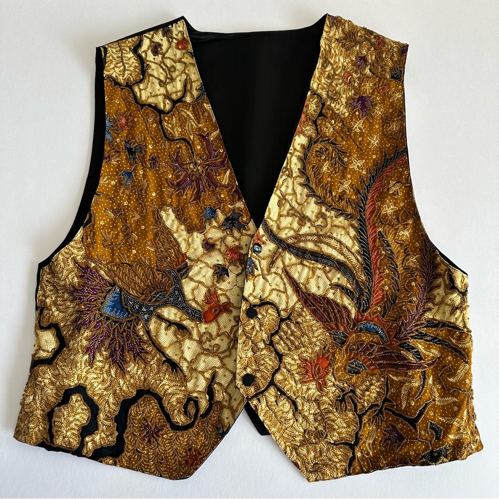 Vintage Kenar Beaded Peacock Vest Womens Size Large Cotton Front Artsy Unique
